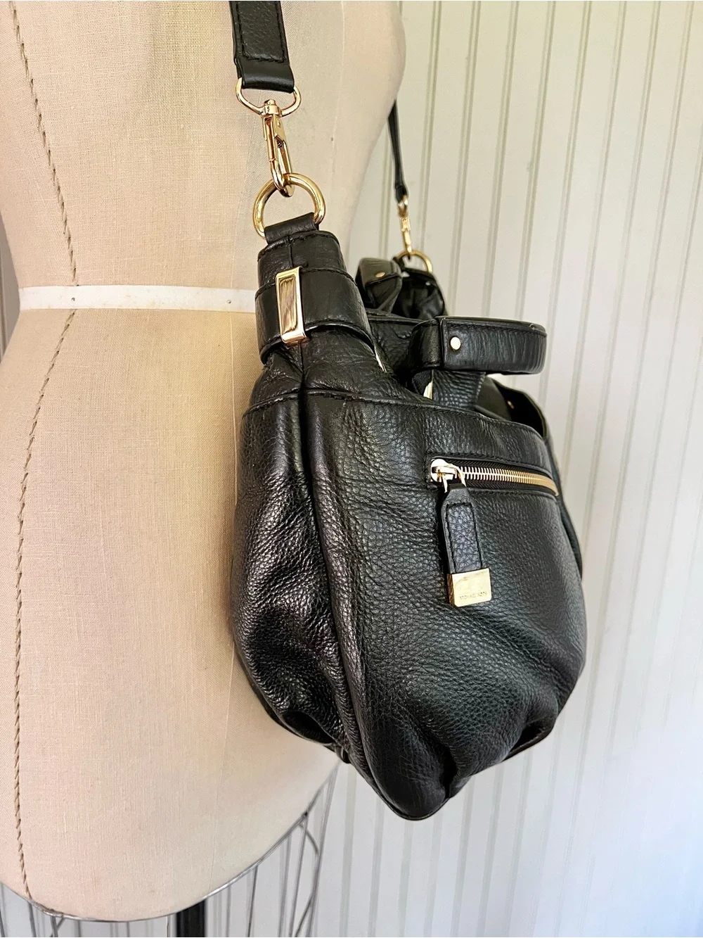 Michael Kors Pebbled Leather Black Zipper Front Satchel with Crossbody Large